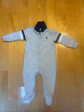 Ralph Lauren Light Gray Footed One-Piece with Navy Trim